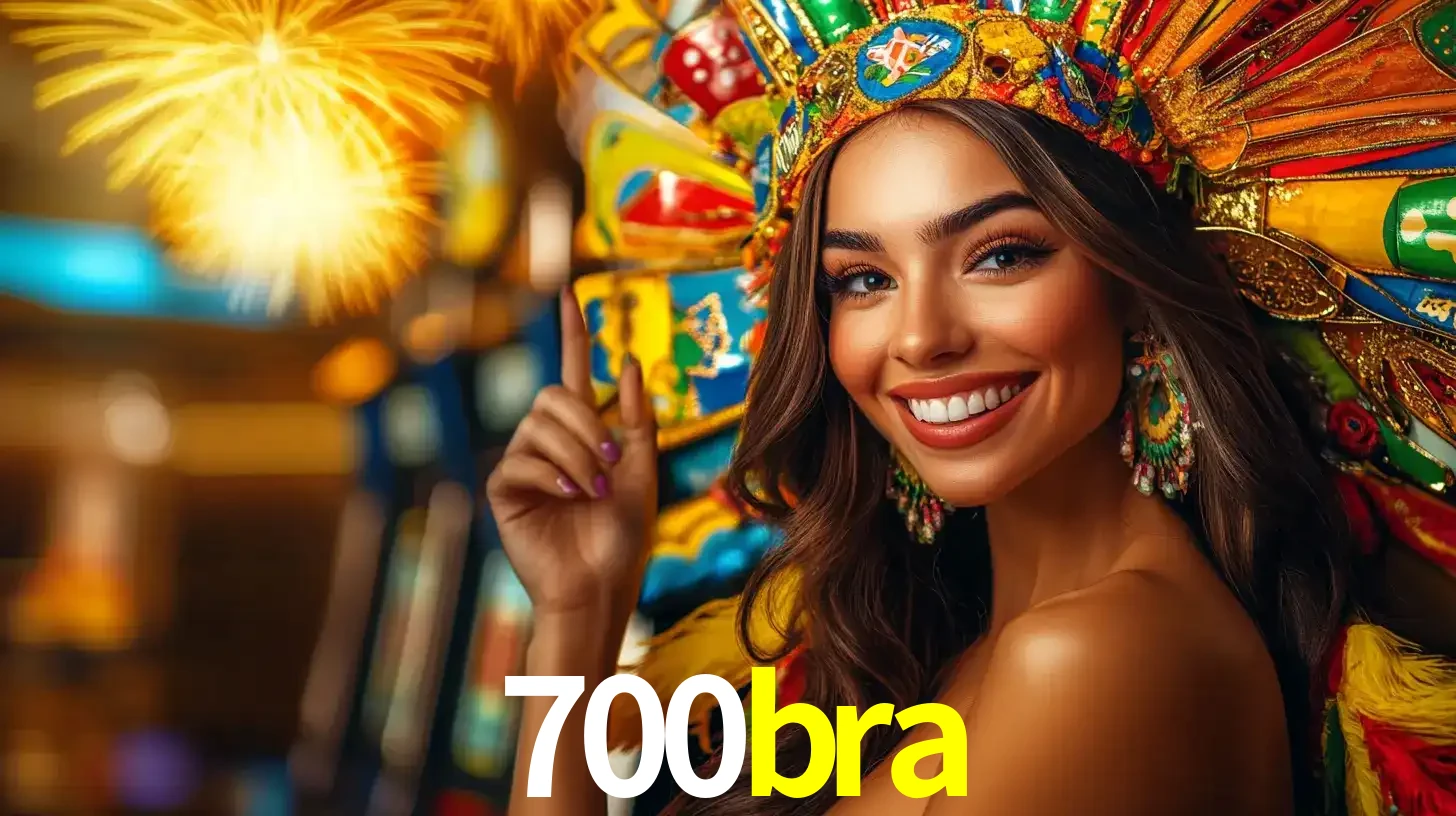 Mulher sorridente com um cocar de carnaval vibrante e colorido, celebrando uma grande vitória nos jogos do cassino 700bra com fogos de artifício ao fundo.