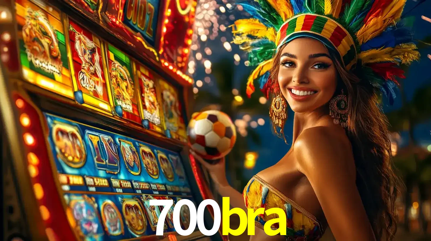 Mulher com um cocar de carnaval ao lado de uma máquina de caça-níqueis enquanto segura uma bola de futebol, mostrando a união da diversão de cassino e esportes no 700bra.