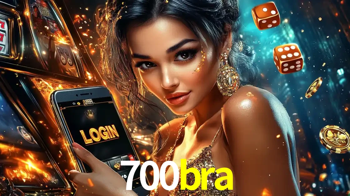 Mulher glamourosa segurando um celular com a tela de login do cassino 700bra, rodeada por dados e moedas douradas, pronta para começar a diversão.