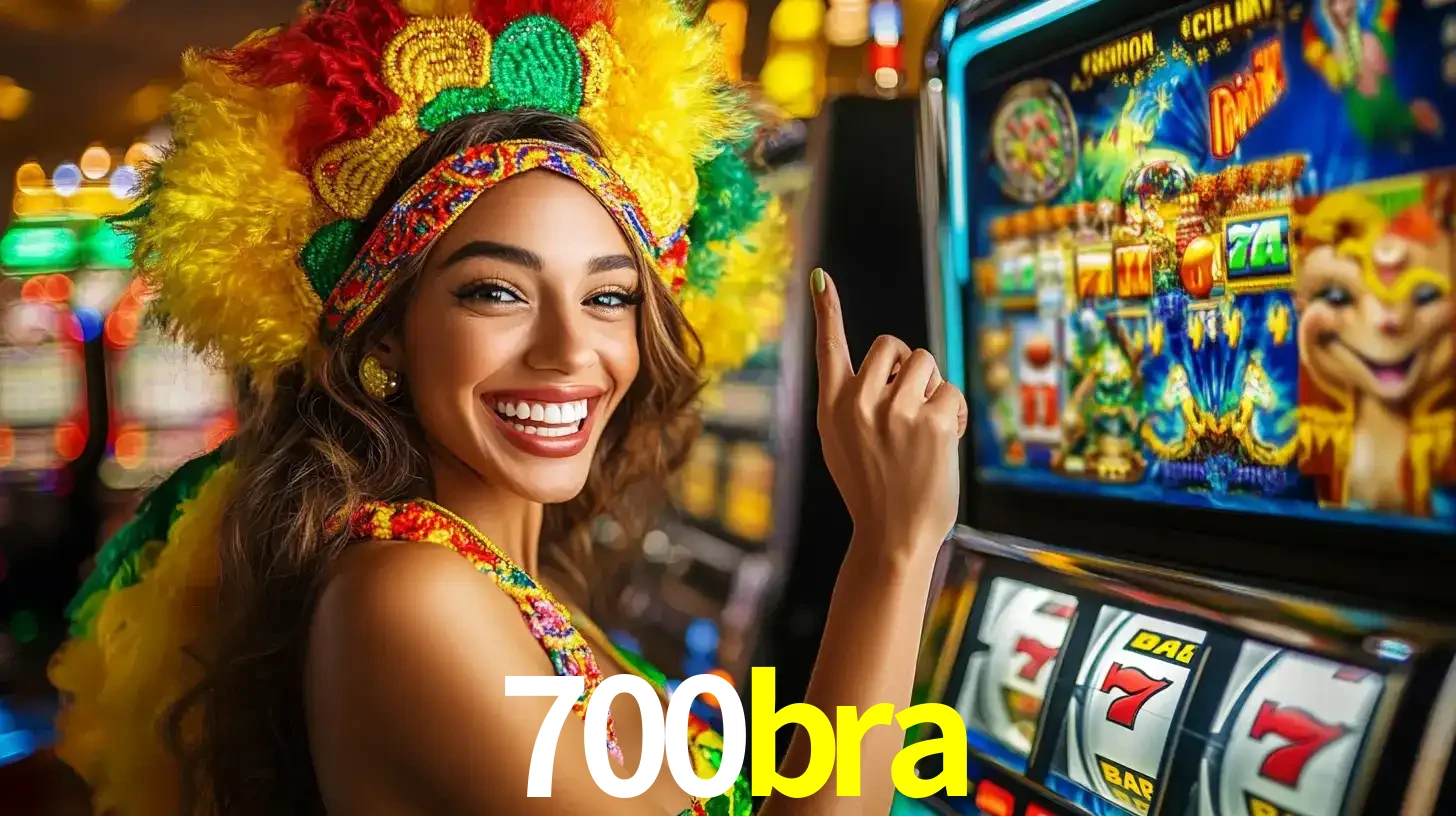 Mulher animada com um cocar de carnaval apontando para uma máquina de caça-níqueis, mostrando a emoção de ganhar um grande prêmio nos jogos do 700bra.