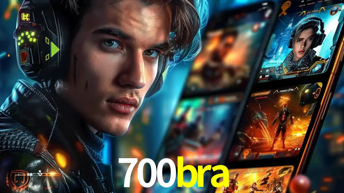 Jovem jogador com fones de ouvido olhando para a câmera, com um aplicativo de jogos e e-sports para celular ao fundo, pronto para a competição e apostas no 700bra.