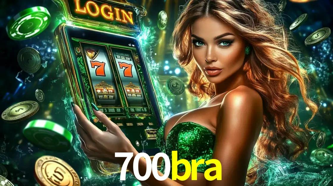 Mulher com tema verde apresentando o aplicativo do cassino 700bra com um jogo de slot de 777, cercada por fichas de cassino e uma aura de sorte.