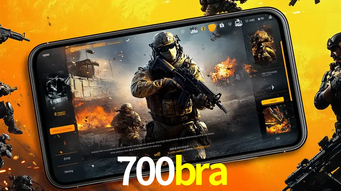 Um smartphone exibindo a interface de um jogo de tiro em primeira pessoa, com um soldado em um cenário de batalha, representando a ação dos e-sports para apostar no 700bra.