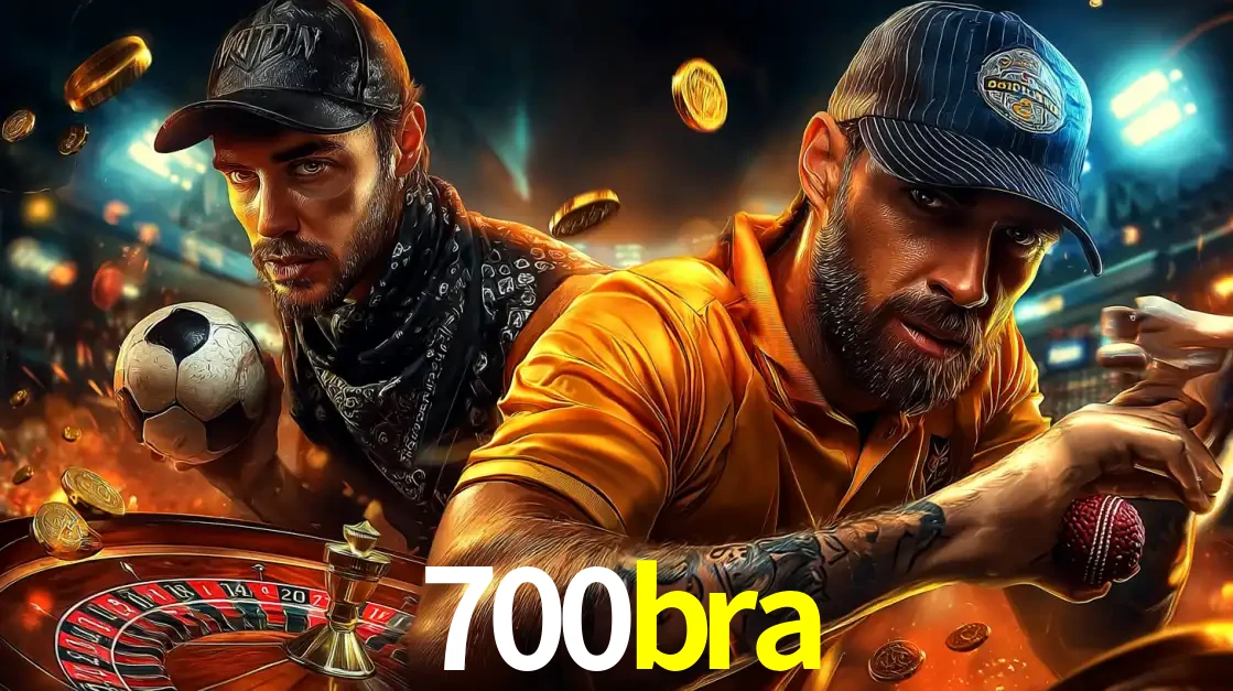 Montagem de apostas esportivas e cassino no 700bra, com um homem segurando uma bola de futebol e outro uma de beisebol sobre uma roleta e moedas voadoras.