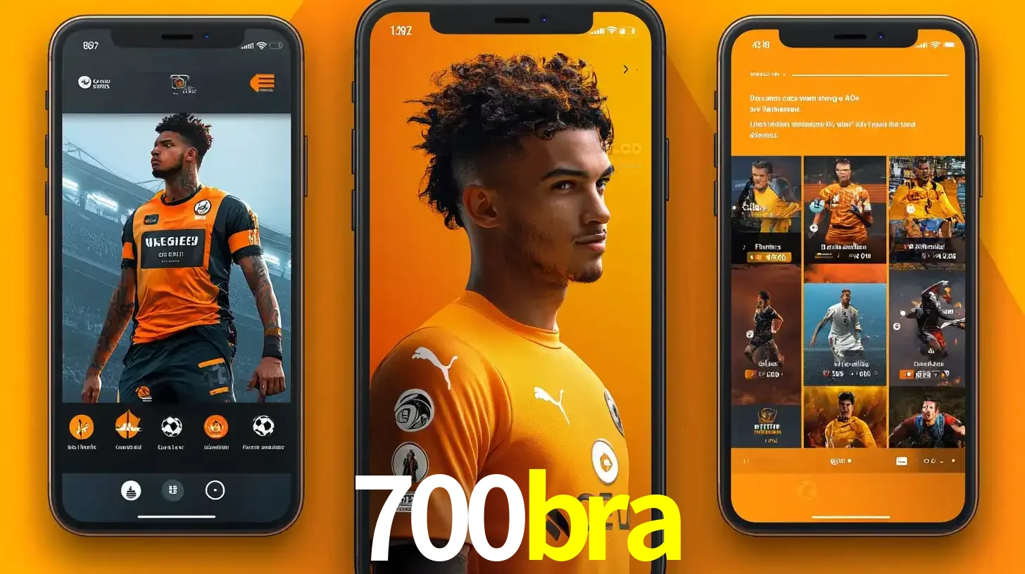 Interface do aplicativo de apostas esportivas 700bra em três telas de celular, mostrando o perfil de um jogador de futebol e a lista de jogos disponíveis para apostar.