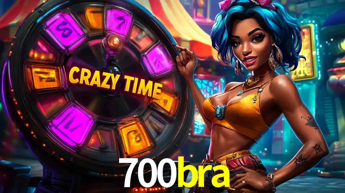 Mulher estilizada com cabelo azul e visual vibrante posando ao lado da roda de prêmios do game show Crazy Time, convidando para a diversão e os bônus do cassino 700bra.