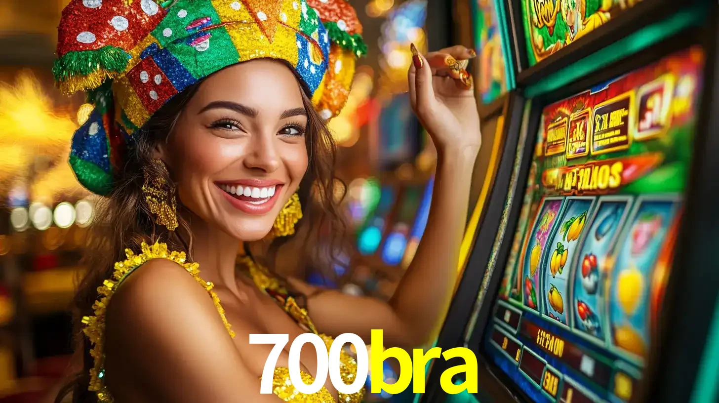Mulher feliz com traje de carnaval amarelo e colorido ao lado de uma máquina de caça-níqueis, aproveitando a diversão e os jogos temáticos do cassino 700bra.