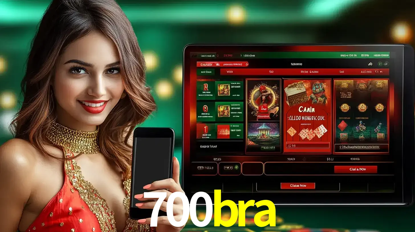 Mulher sorridente segurando um smartphone, ao lado de uma tela exibindo o lobby de jogos do cassino online 700bra, com várias opções de jogos de cartas e slots.